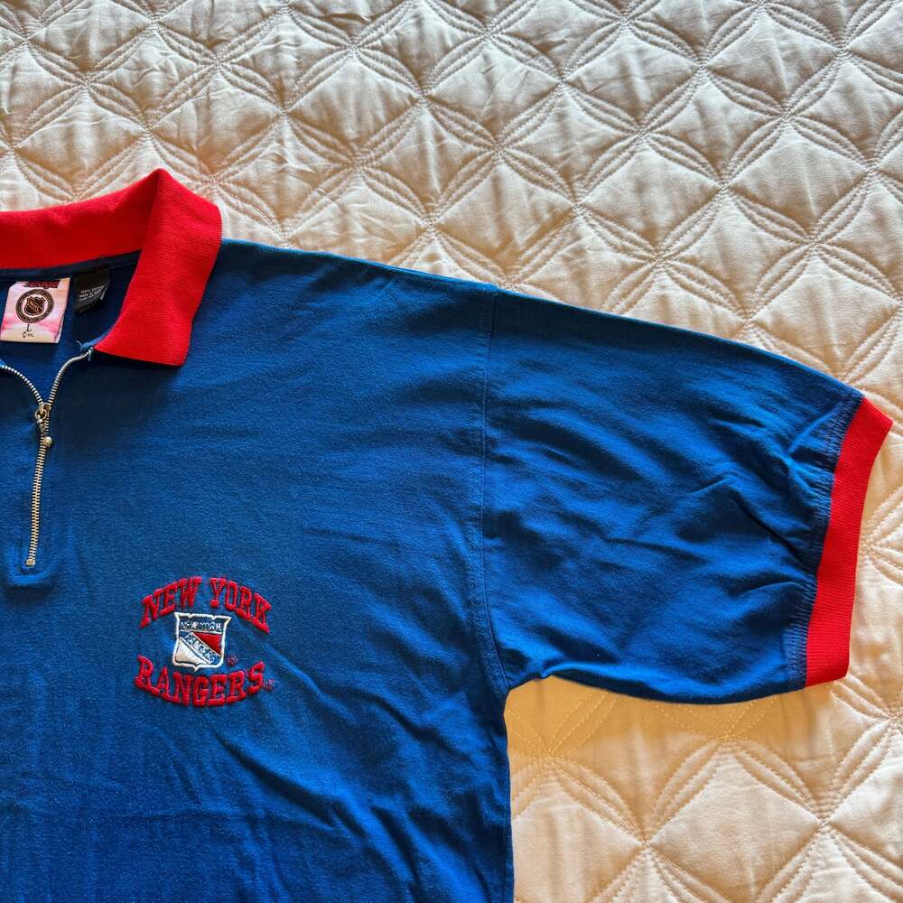 Vintage 90s New York Rangers NHL Polo Shirt - Blue with Red Trim, 1/4 Zip